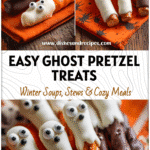 Chocolate covered ghost pretzel rods with white coating and candy eyes arranged on festive fall napkins.